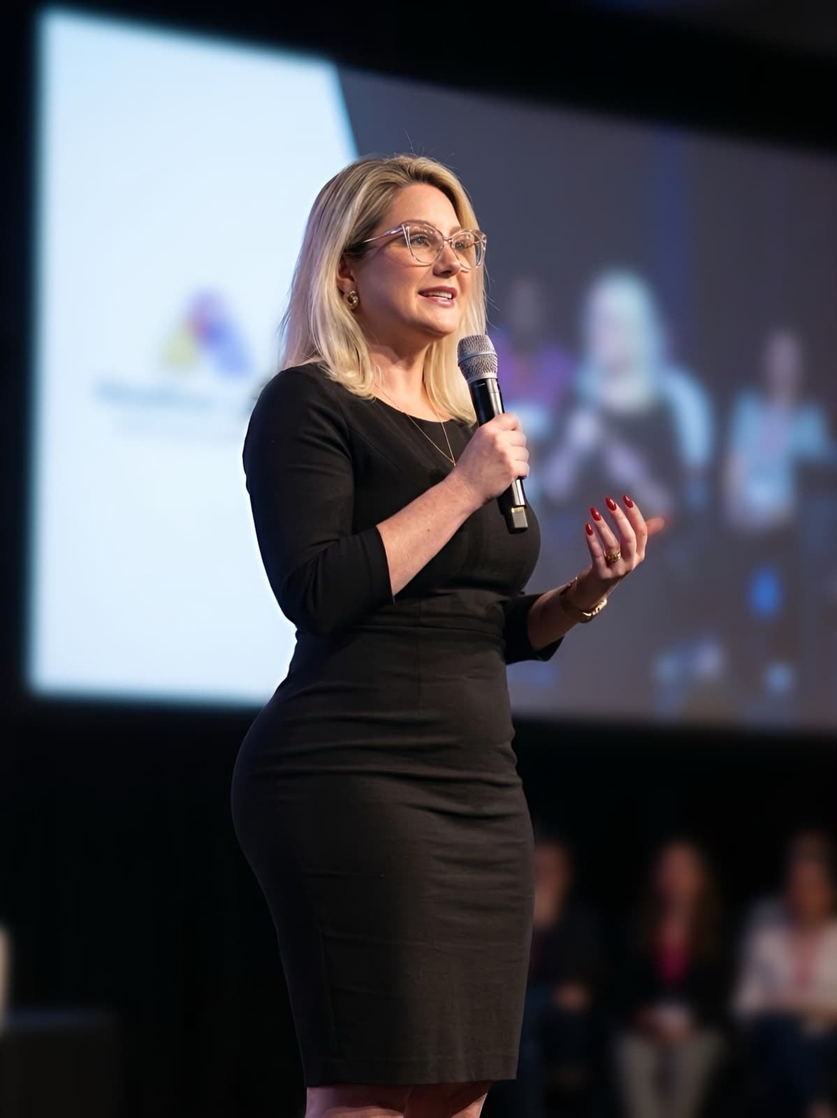Bianca Lolli palestrando no palco de um evento, com microfone na mão