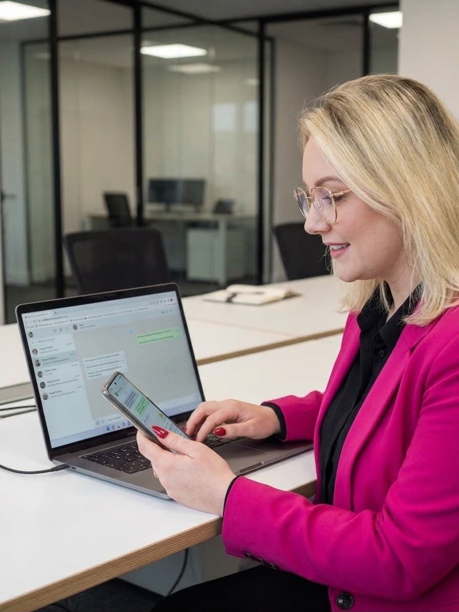 Bianca Lolli respondendo conversas de WhatsApp no celular e no notebook